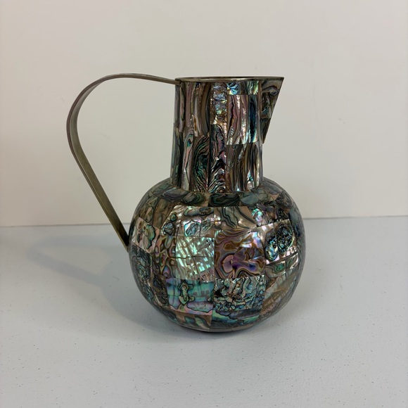 Vintage Other - Vintage Abalone Shell Mosaic Pitcher Brass Mother of Pearl Jug Vase Decor 1960s